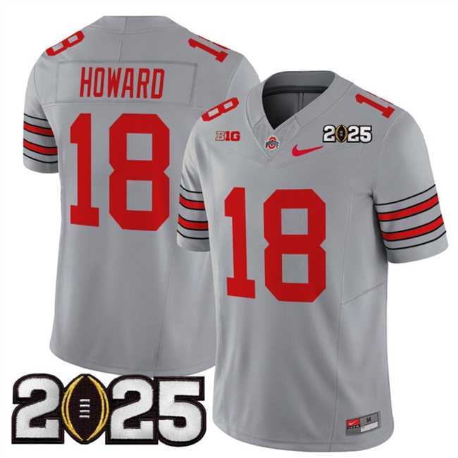 Mens Ohio State Buckeyes #18 Will Howard Grey 2025 CFP Final Patch F.U.S.E. Vapor Limited Stitched Football Jersey